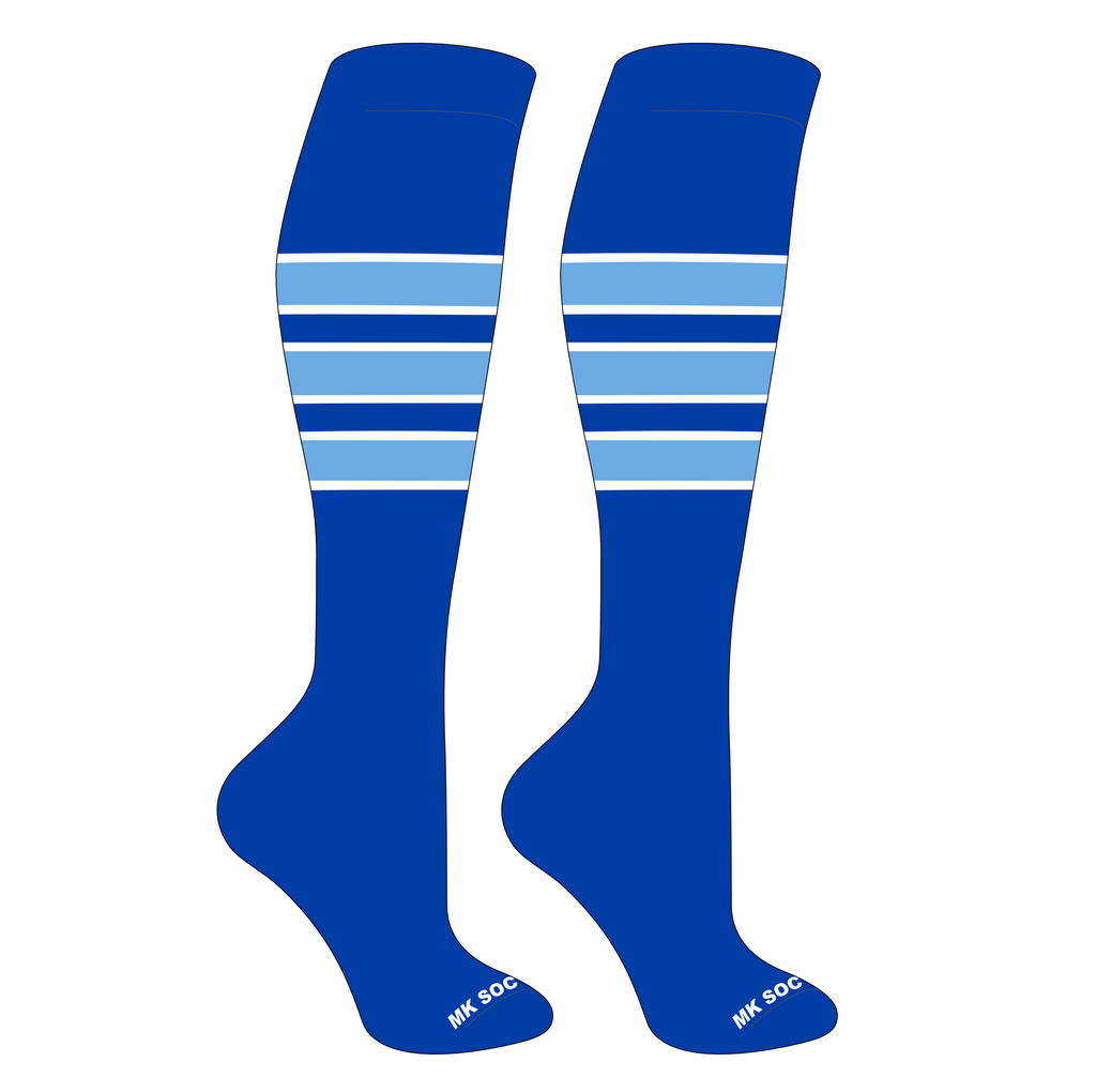 MK Socks Competitor OTC Baseball and Football Socks in Royal, White, and Columbia Blue colors, perfect for athletes seeking optimal comfort and support during sports activities.