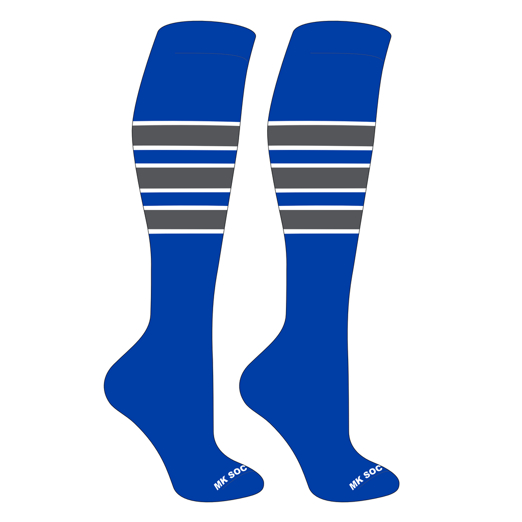 MK Socks Competitor OTC Baseball and Football Socks in Royal, White, and Granite colors, designed for superior comfort and performance on the field. Perfect for athletes in baseball, football, soccer, and volleyball with features like moisture-wicking yarns and arch support.