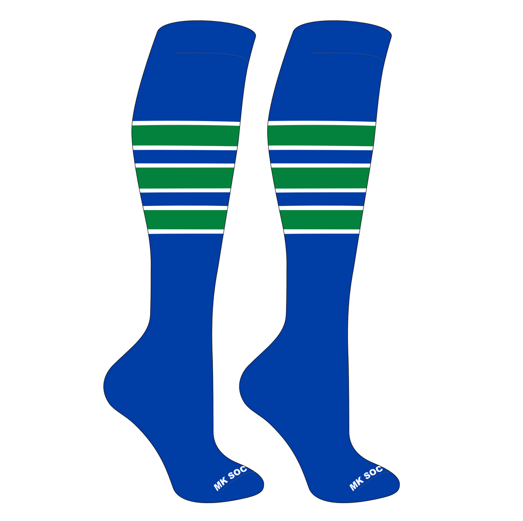 MK Socks Competitor OTC Baseball, Football Socks in Royal, White, and Kelly Green, designed for optimal performance and comfort during athletic activities.