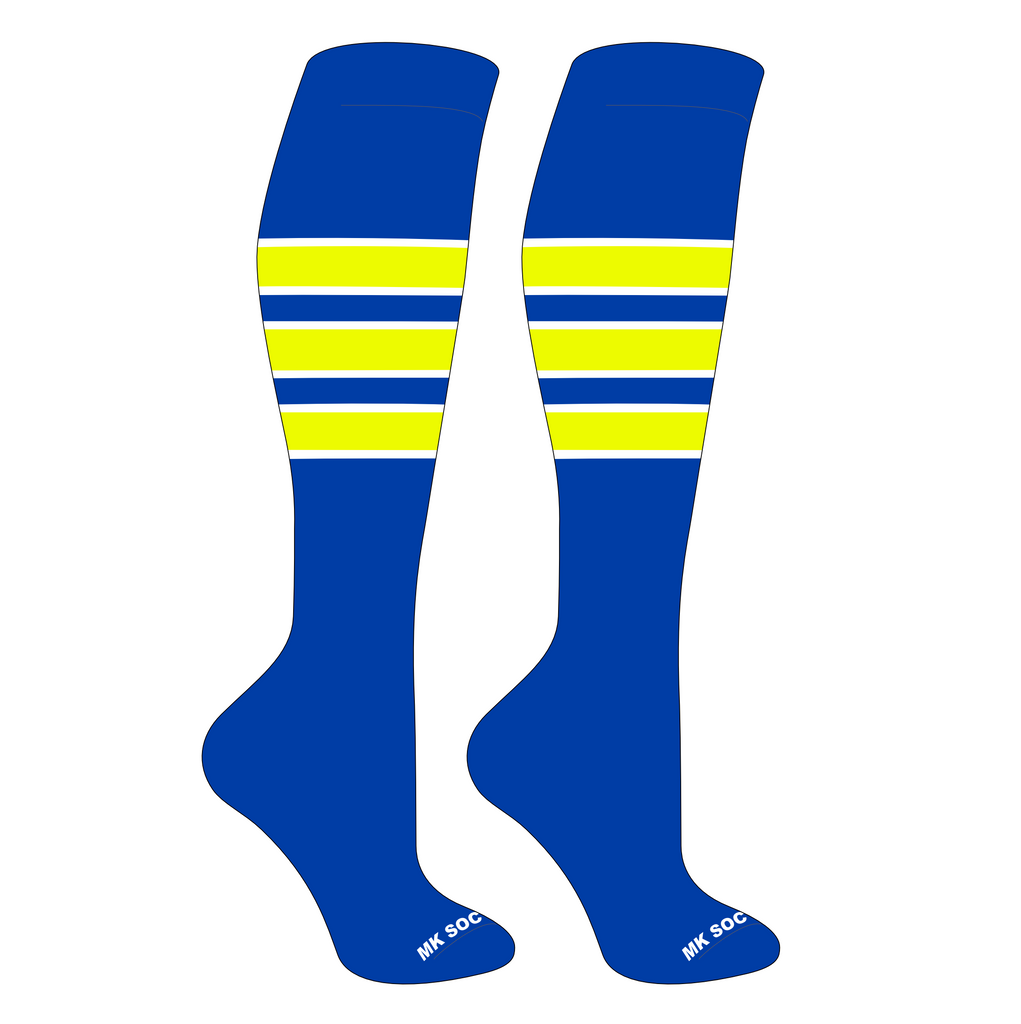 MK Socks Competitor OTC Baseball, Football Socks in Royal, White, and Neon Yellow colors, designed for high performance and comfort during sports activities.