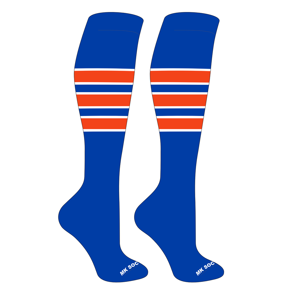 MK Socks Competitor OTC Baseball and Football Socks in Royal, White, and Orange colors, designed for optimal support and comfort during athletic activities.