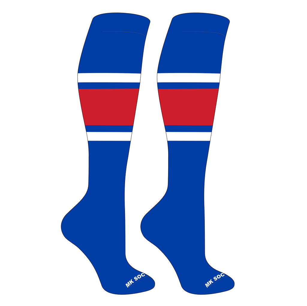 MK Socks Competitor OTC Baseball, Football Socks in Royal, White, and Red colors showcasing their durable design and athletic features.