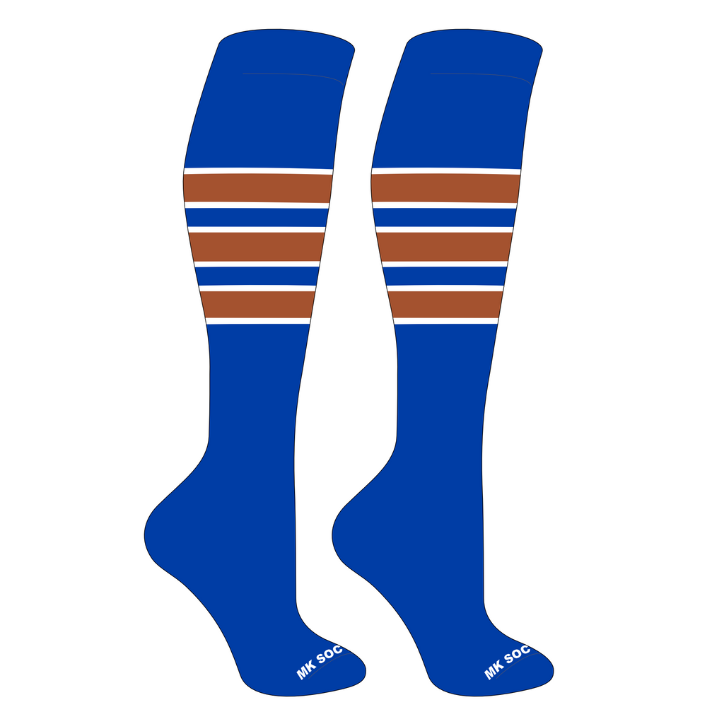 MK Socks Competitor OTC Baseball and Football Socks in Royal, White, and Texas Orange colors, designed for athletic performance with moisture management, arch support, and compression features.