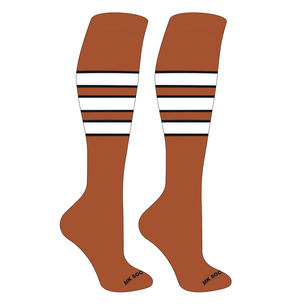 MK Socks Competitor OTC Baseball and Football Socks in Texas Orange, Black, and White, designed for athletic performance, featuring moisture-wicking materials, arch support, and mid-knee length for optimal comfort during sports.