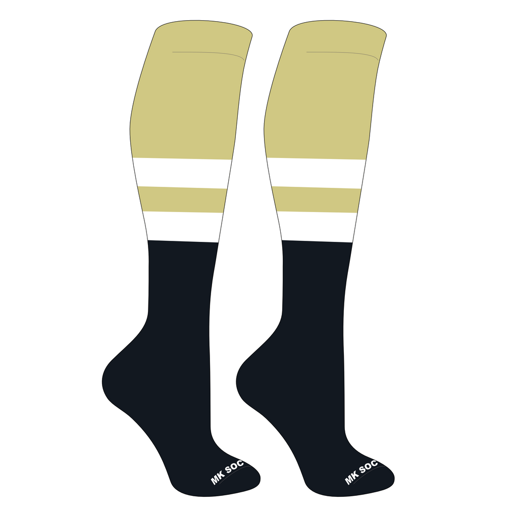 MK Socks Competitor OTC Baseball and Football Socks in Vegas Gold, White, and Black, designed for optimal performance and comfort during athletic activities.
