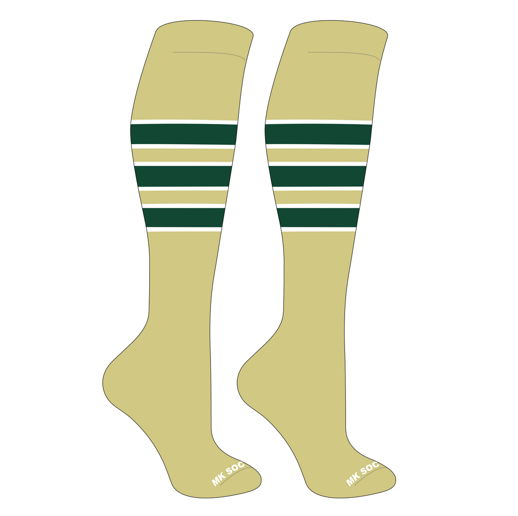 MK Socks Competitor OTC Baseball, Football Socks in Vegas Gold, White, and Dark Green, featuring moisture management technology and durable 3-ply nylon blend for high performance in sports.