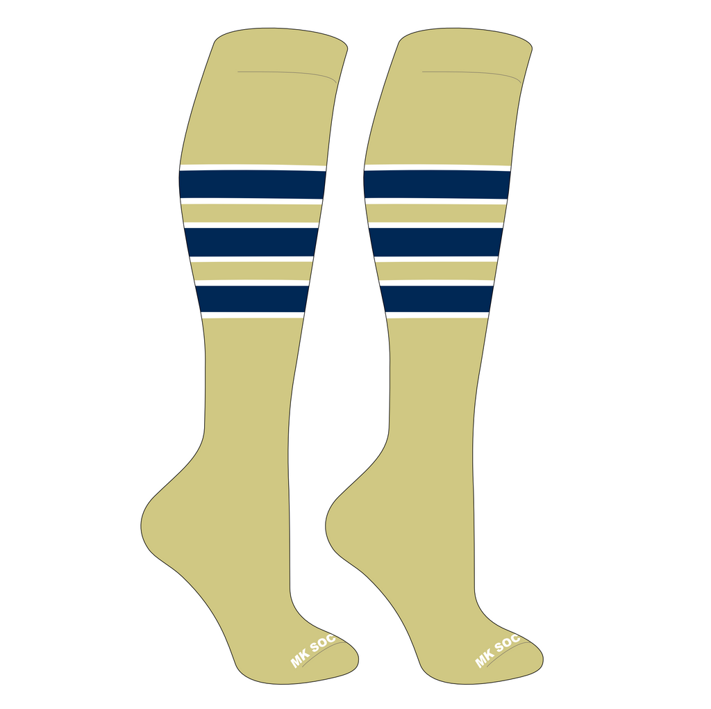 MK Socks Competitor OTC Baseball, Football Socks in Vegas Gold, White, and Navy colors, showcasing high-quality athletic performance and comfort for sports players.