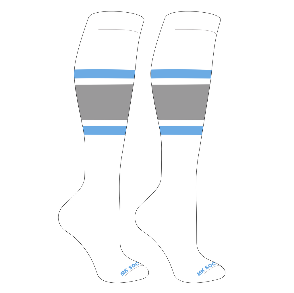 MK Socks Competitor OTC Baseball and Football Socks in White, Columbia Blue, and Grey, designed for optimal performance and comfort on the field.