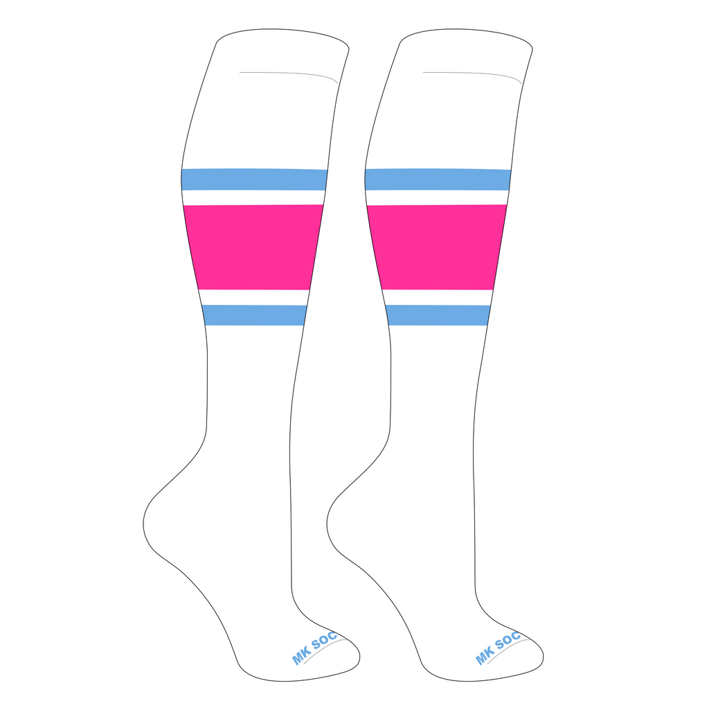 MK Socks Competitor OTC Baseball, Football Socks in White, Columbia Blue, and Hot Pink color options, designed for optimal performance and comfort during athletic activities.