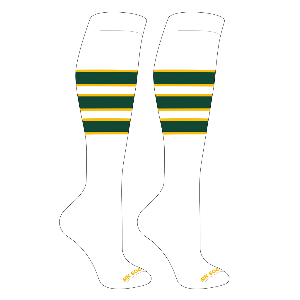 MK Socks Competitor OTC Baseball, Football Socks in White, Gold, and Dark Green, designed for optimal performance and comfort during sports activities.