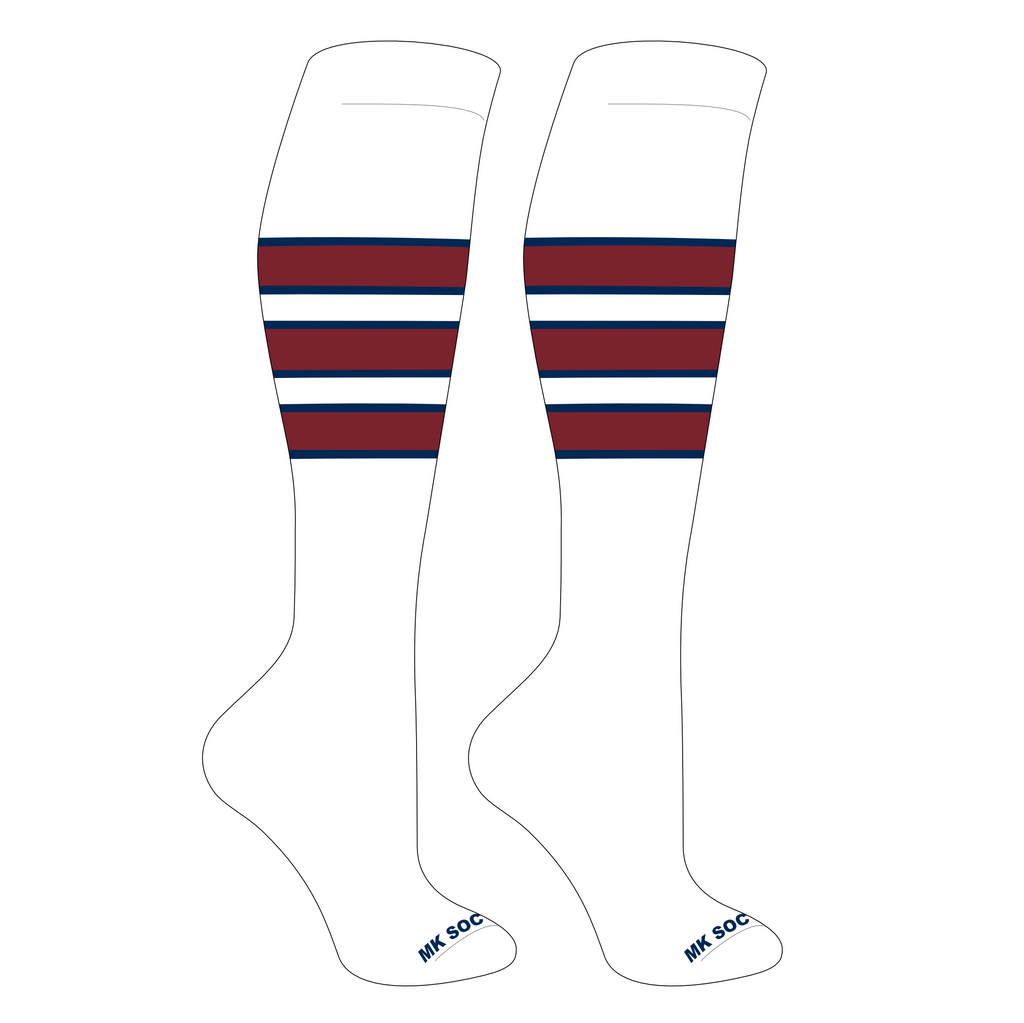 MK Socks Competitor OTC Baseball and Football Socks in White, Navy, and Cardinal colors, designed for optimal athletic performance, featuring moisture-wicking technology and arch support to enhance comfort and reduce fatigue during games.