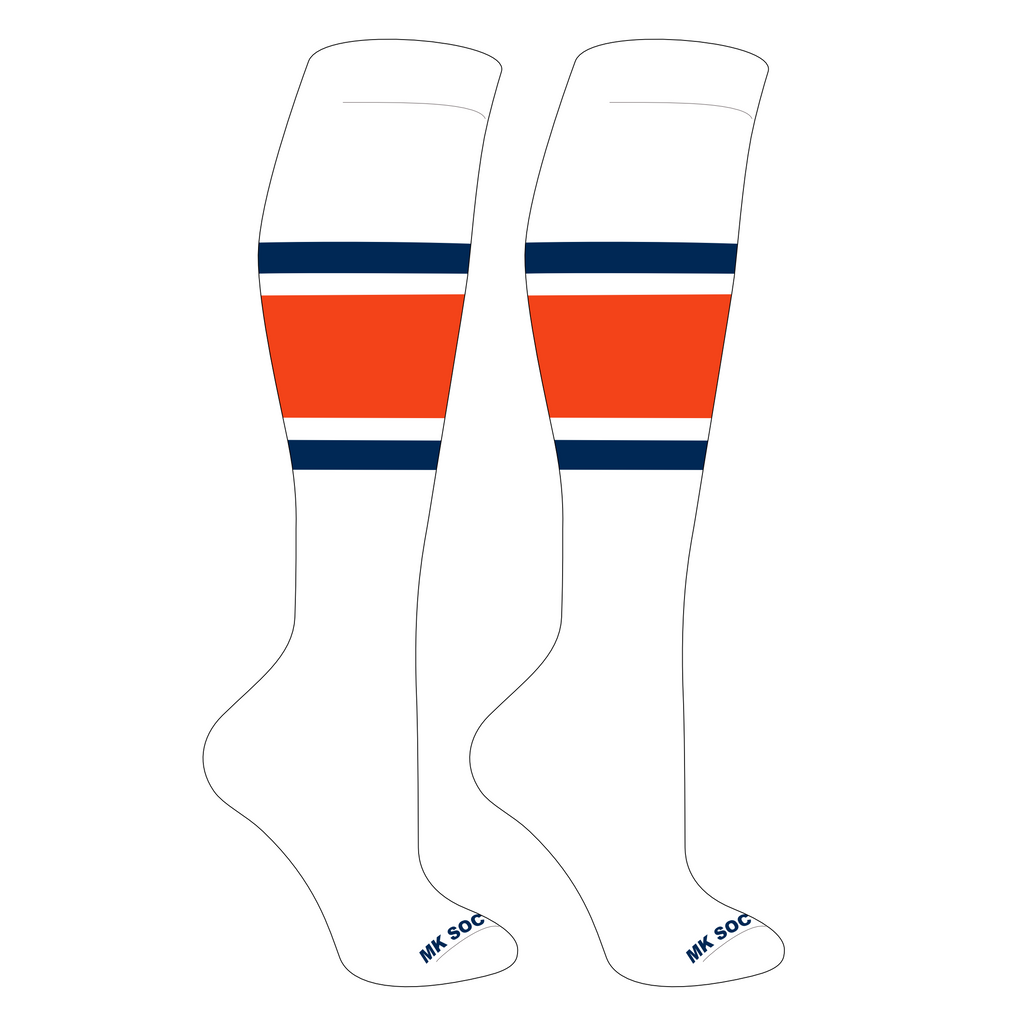 MK Socks Competitor OTC Baseball and Football Socks in white, navy, and orange colors, designed for athletic performance.