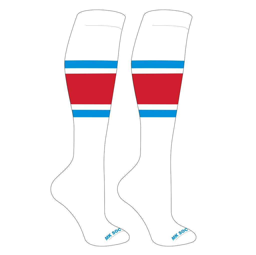 MK Socks Competitor OTC Baseball and Football Socks in white, neon blue, and red design, ideal for athletes.