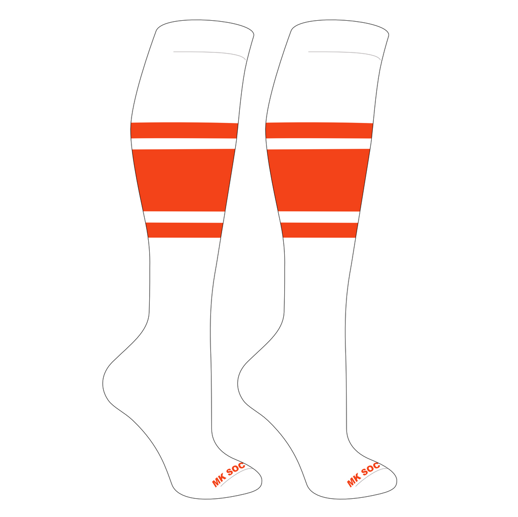 MK Socks Competitor OTC Baseball and Football Socks in White and Orange color combination, offering moisture management, arch support, and mid-knee length for enhanced performance in sports.