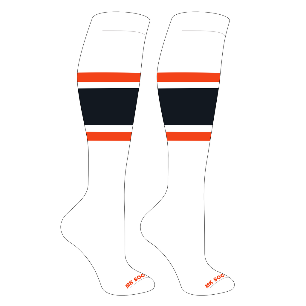 MK Socks Competitor OTC Baseball, Football Socks in White, Orange, and Black designed for optimal performance and comfort for athletes.