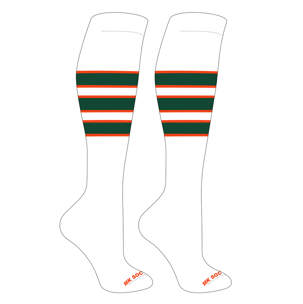 MK Socks Competitor OTC Baseball and Football Socks in White, Orange, and Dark Green colors, designed for optimal performance and comfort during athletic activities, featuring moisture management technology, arch support, and graduated compression for enhanced circulation.