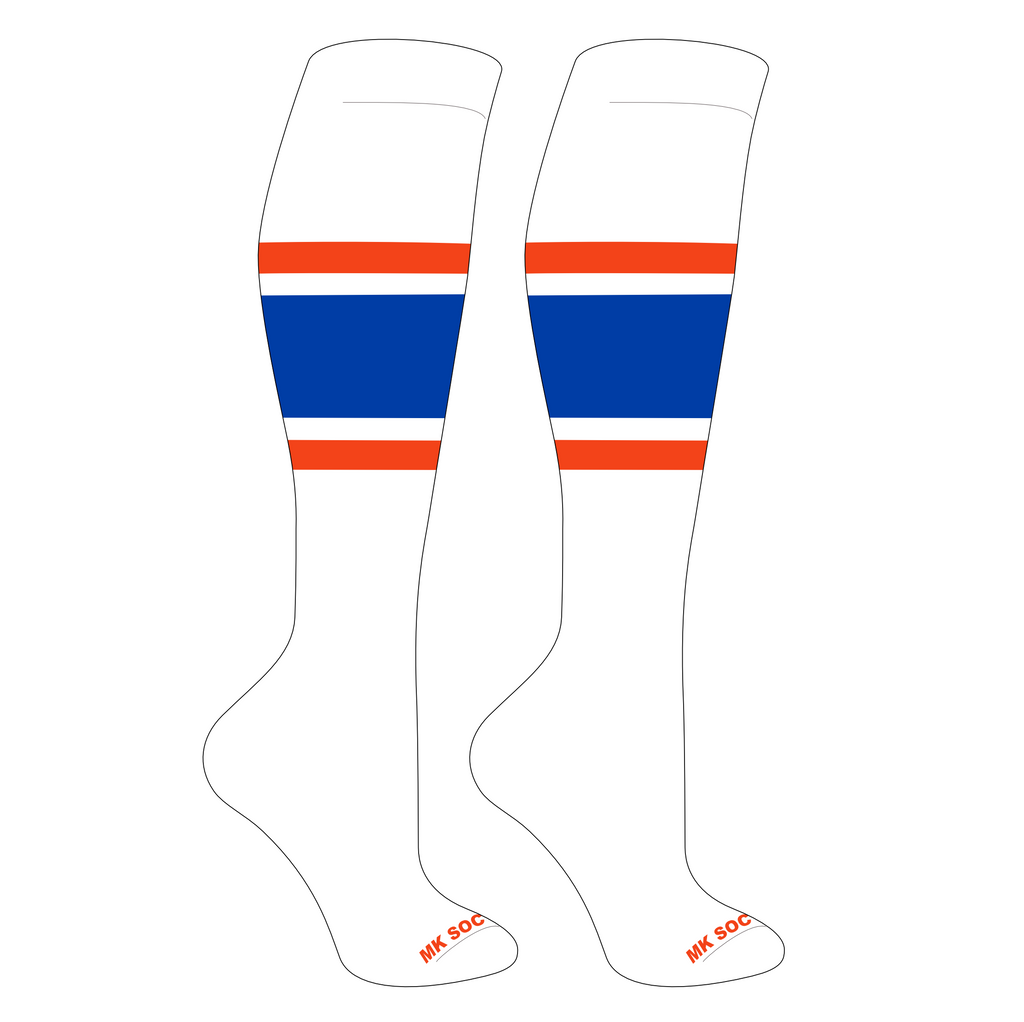 MK Socks Competitor OTC Baseball, Football Socks in White, Orange, and Royal colors suitable for athletic performance.