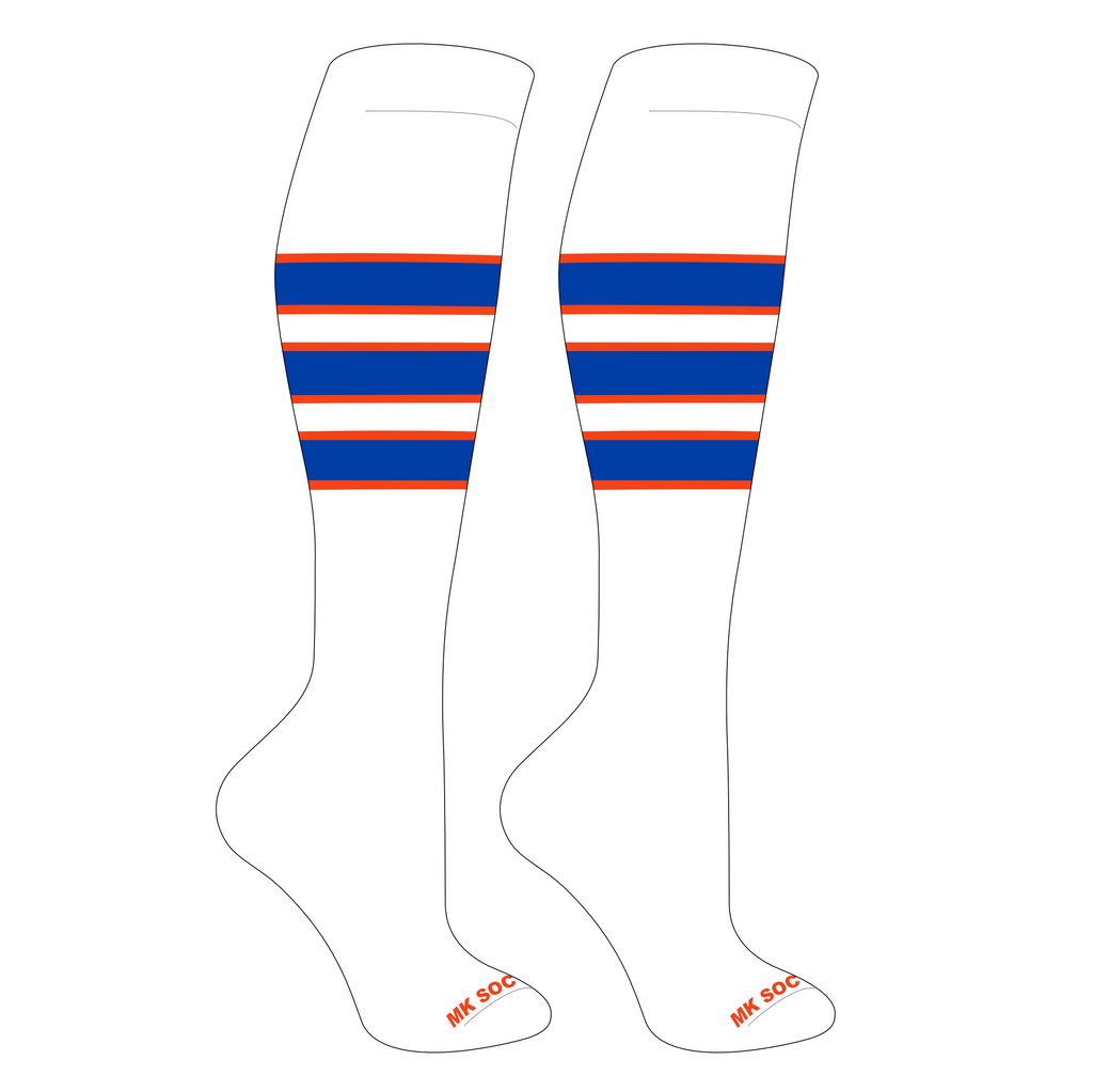 MK Socks Competitor OTC Baseball and Football Socks in White, Orange, and Royal colors, designed for athletes with moisture-wicking yarns and arch support for maximum comfort and performance.