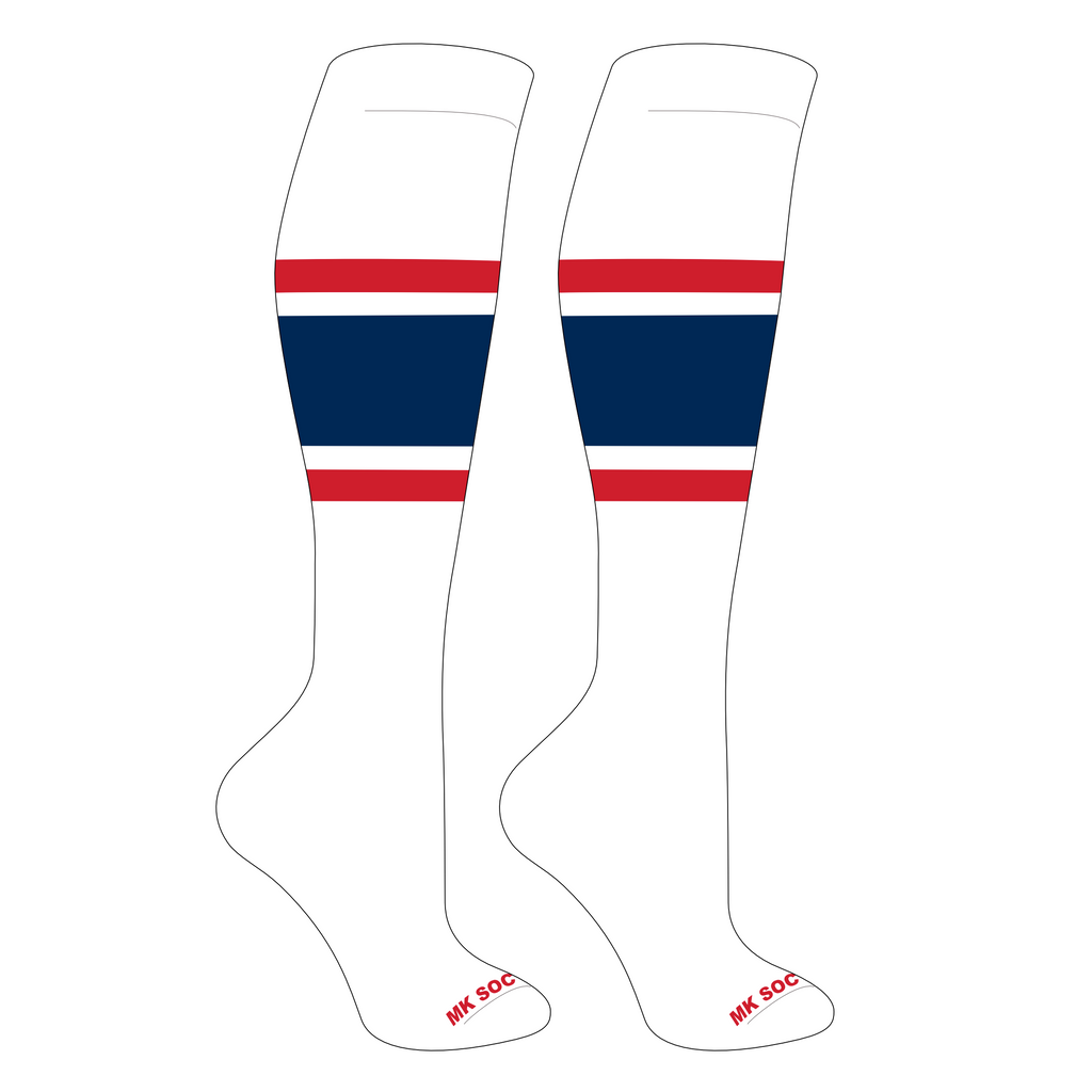 MK Socks Competitor OTC Baseball, Football Socks in White, Red, and Navy colors, ideal for athletes.