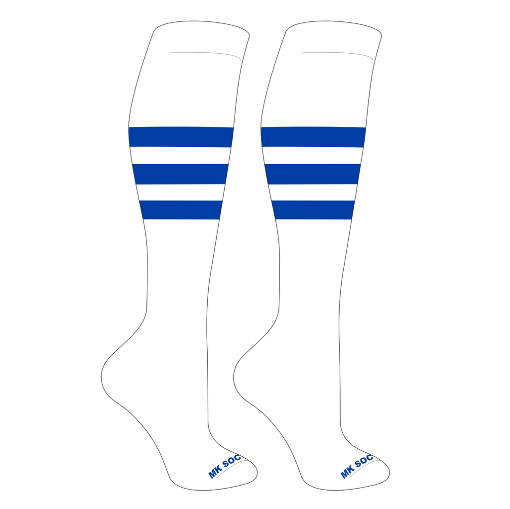 MK Socks Competitor OTC Baseball and Football Socks in White and Royal color, designed for optimal performance and comfort during sports activities.