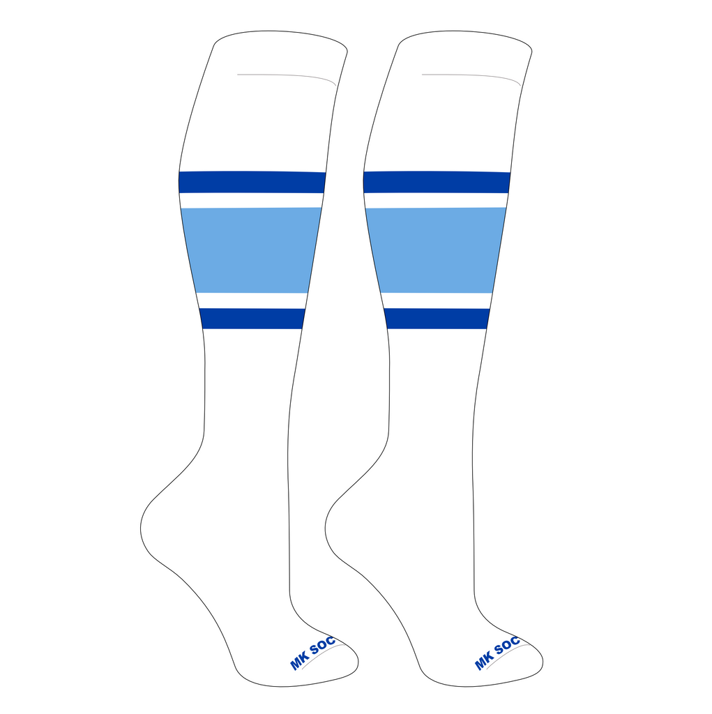 MK Socks Competitor OTC Baseball and Football Socks in white, royal, and Columbia blue color option.