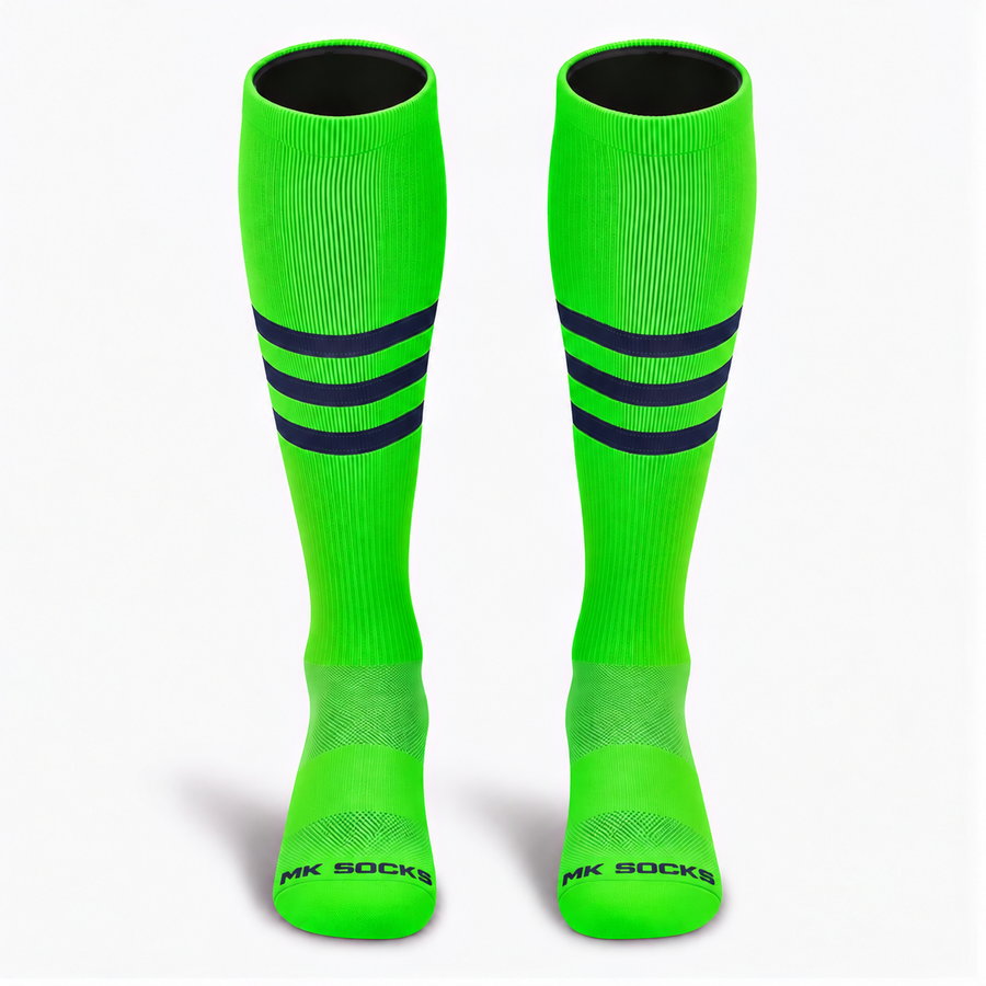 MK Socks Neon Green Navy Striped Knee High Glow Ball Socks for Baseball, Softball & Football