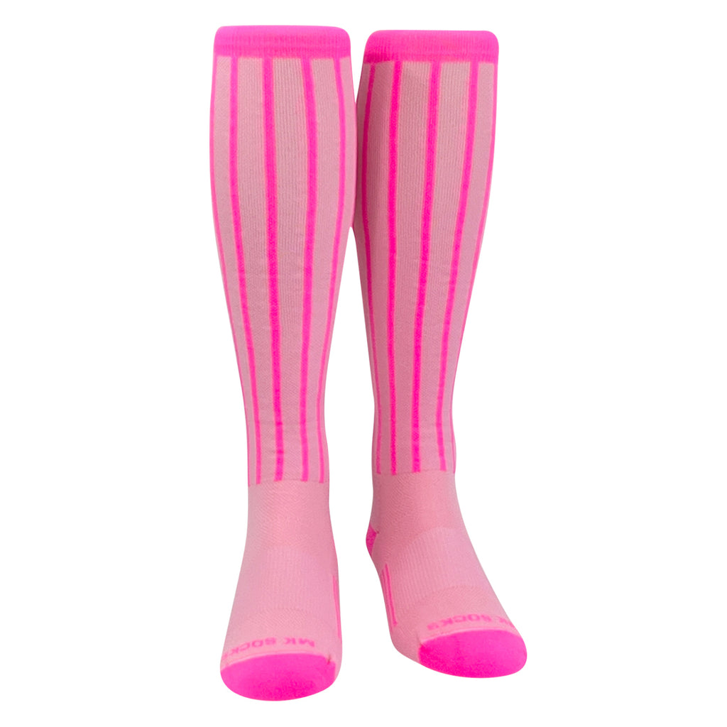 Knee high socks in a pinstripe pattern used in baseball and softball.