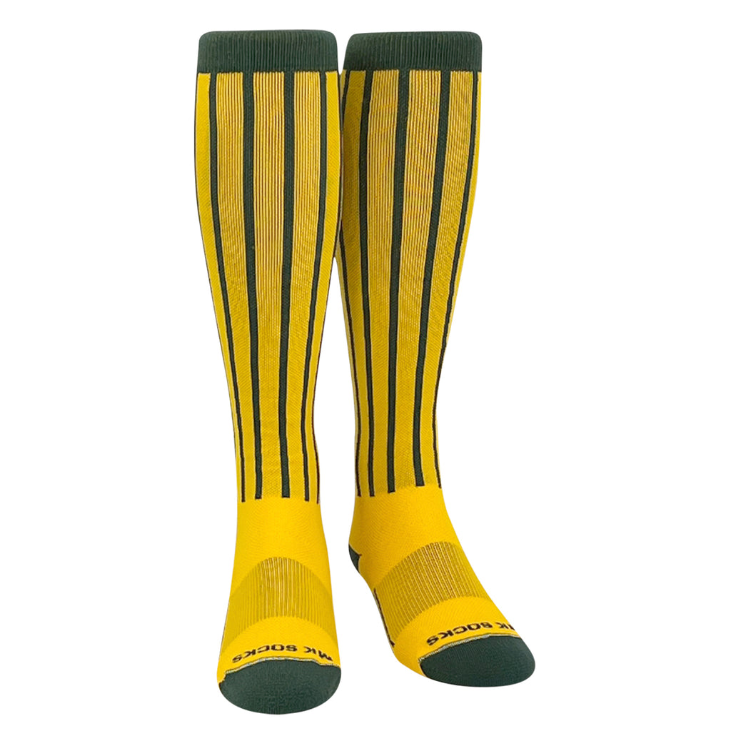 Knee high socks in a pinstripe pattern used in baseball and softball.