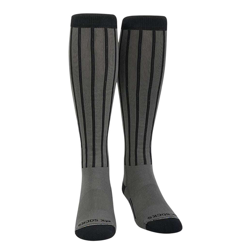 Knee high socks in a pinstripe pattern used in baseball and softball.