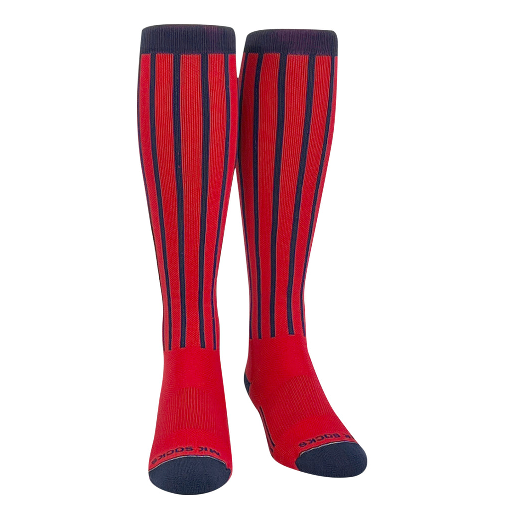 Knee high socks in a pinstripe pattern used in baseball and softball.