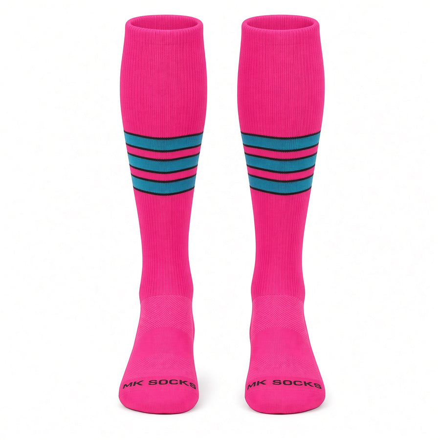 MK Socks Striped Knee High Baseball, Football Socks - Hot Pink Black Marlin Teal
