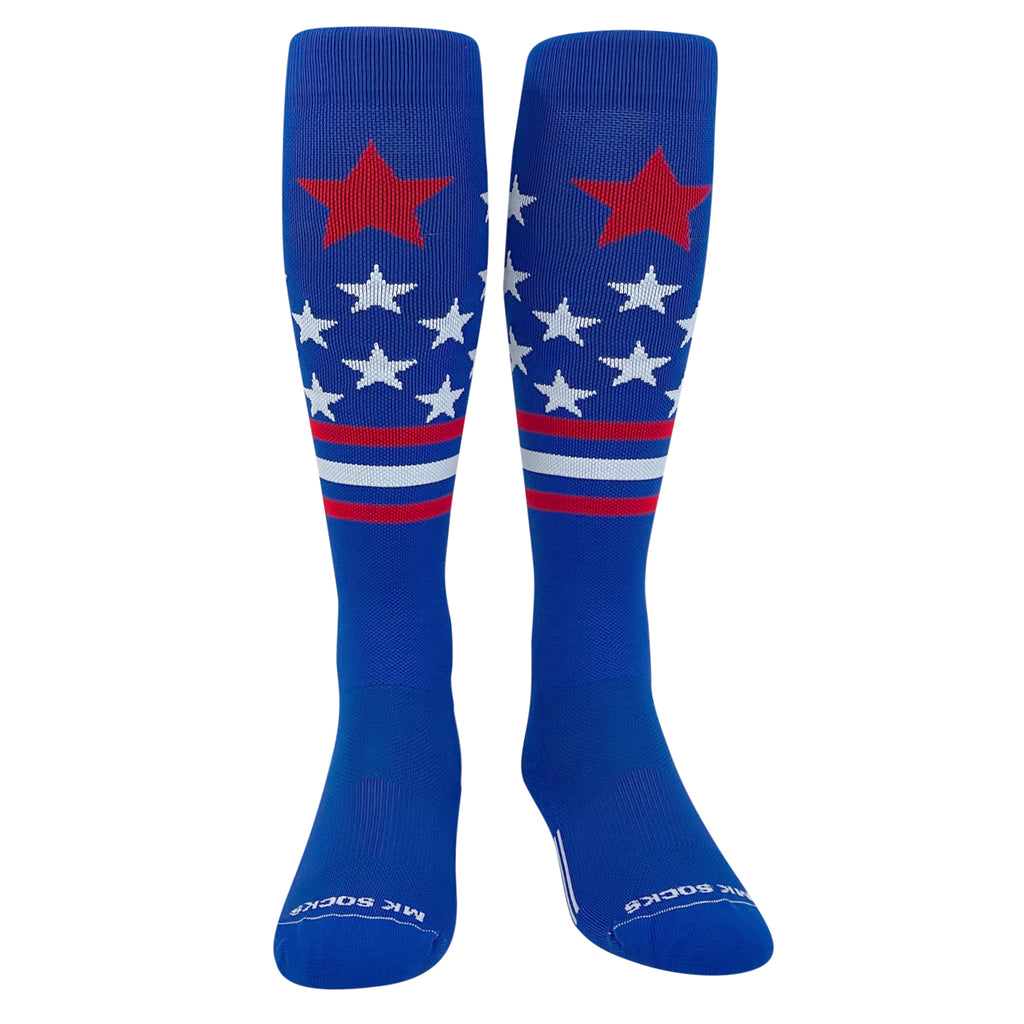A pair of knee-high sports socks with a USA flag design in blue, white, and red.