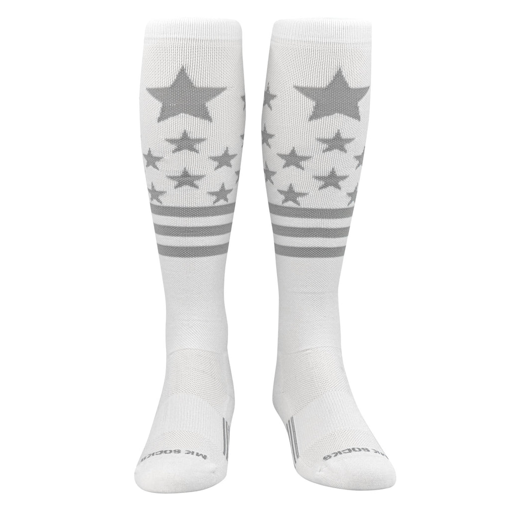 Knee high sports socks with silver stars and stripes.