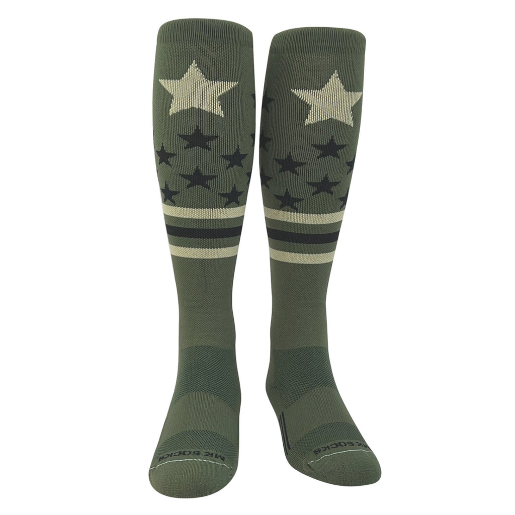 A pair of knee-high sports socks in military green with a pattern of stars and stripes.