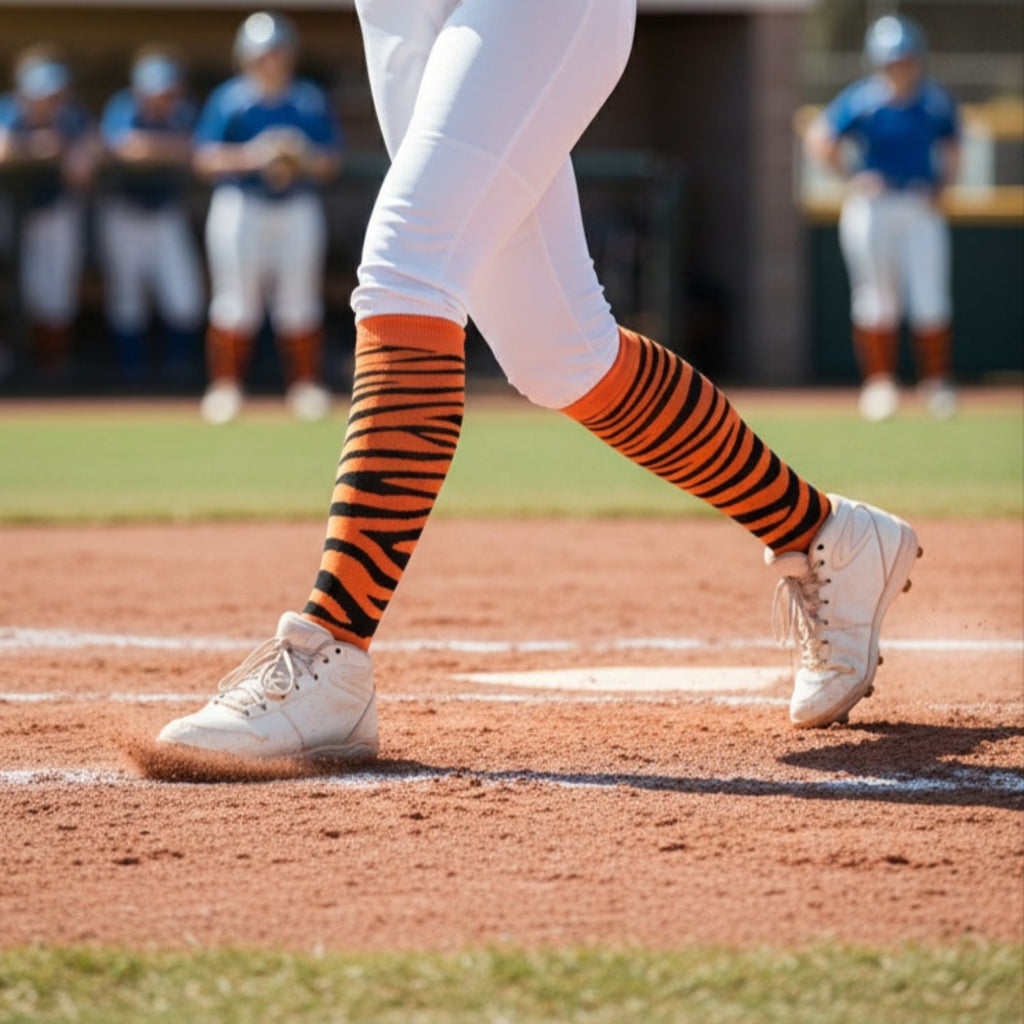 Baseball player in blue and white uniform with tiger stripe socks on a baseball field.
