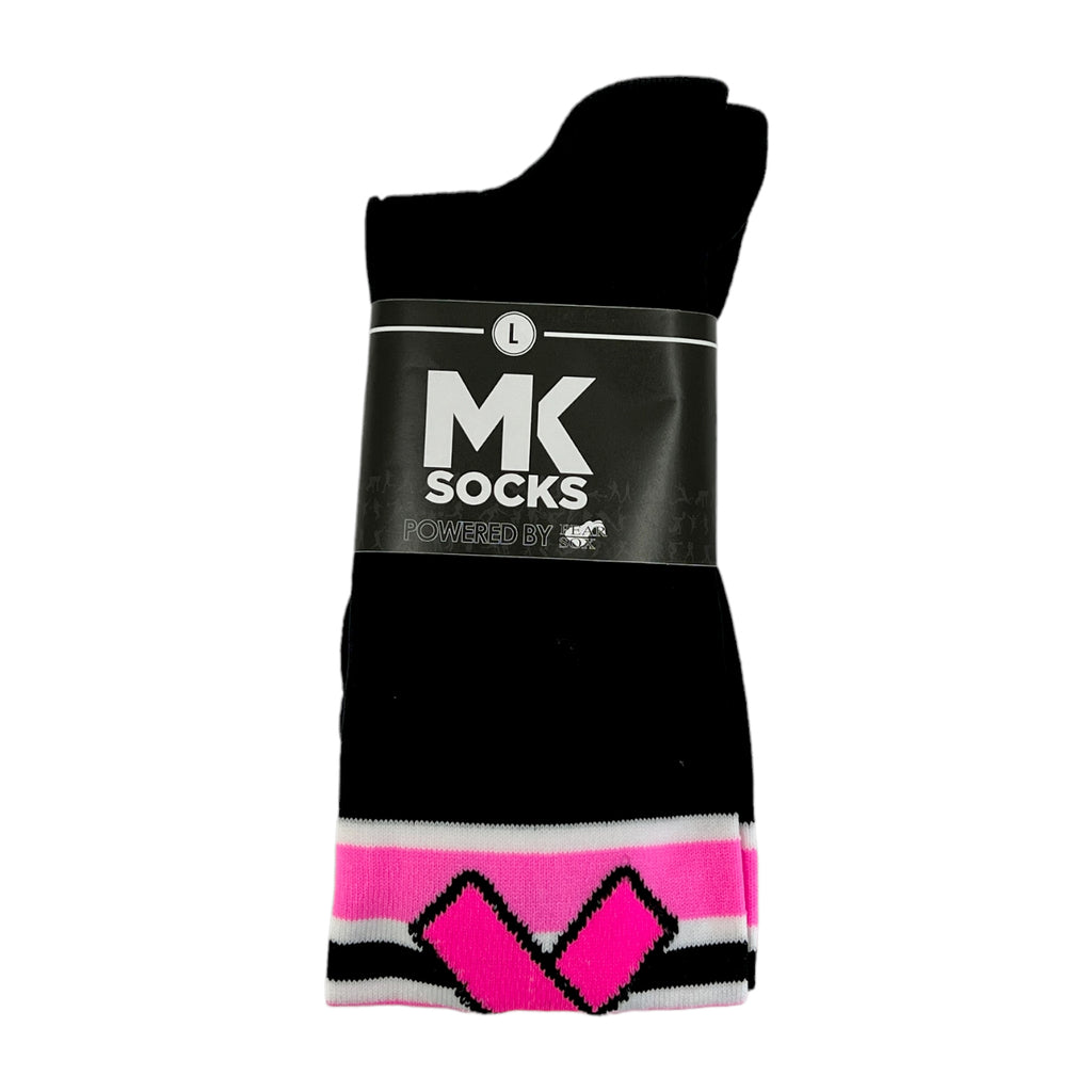 A pair of black long sport socks with pink awareness ribbon stripes, designed to go to the knee.