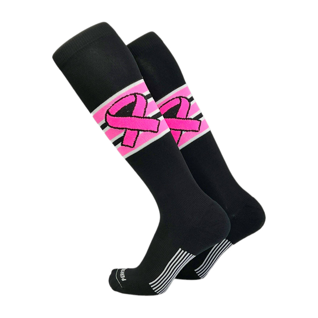 A pair of black long sport socks with pink awareness ribbon stripes, designed to go to the knee.