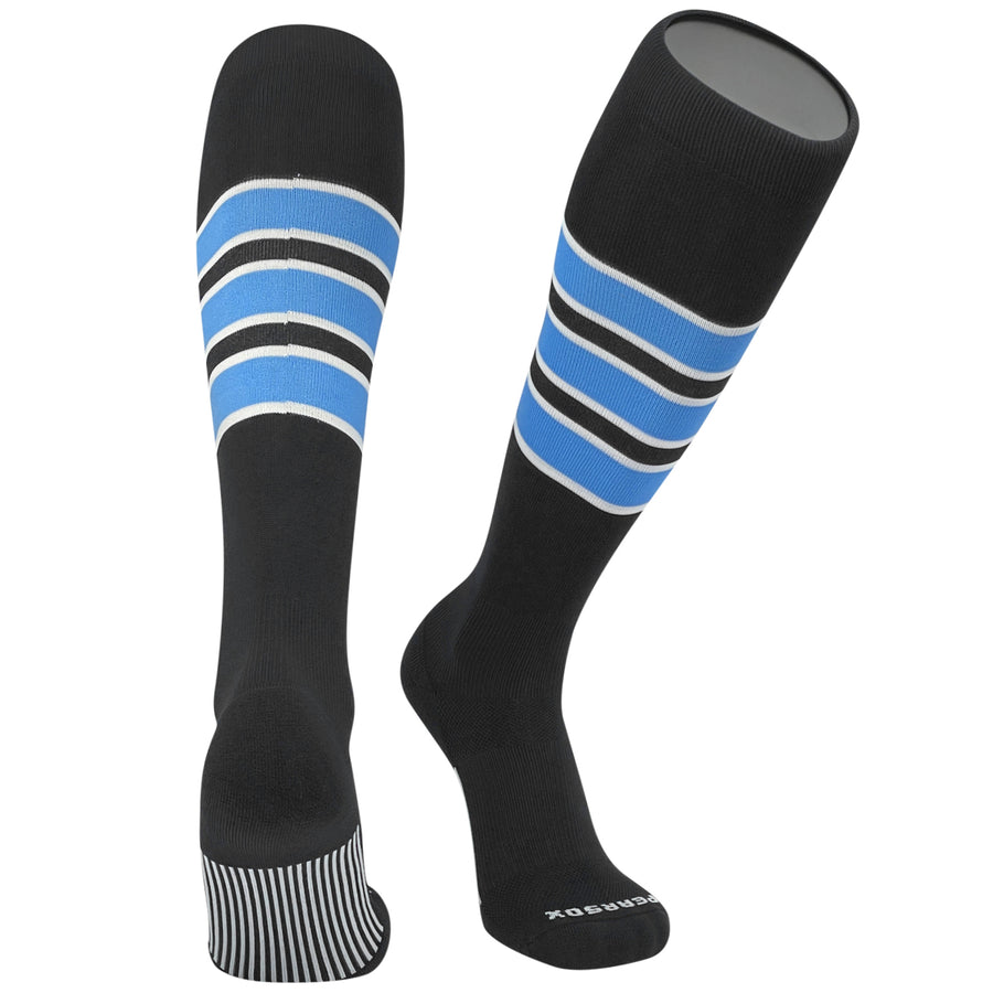 PEAR SOX Striped OTC Baseball, Softball, Football Socks - Black, White, Sky Blue (C)