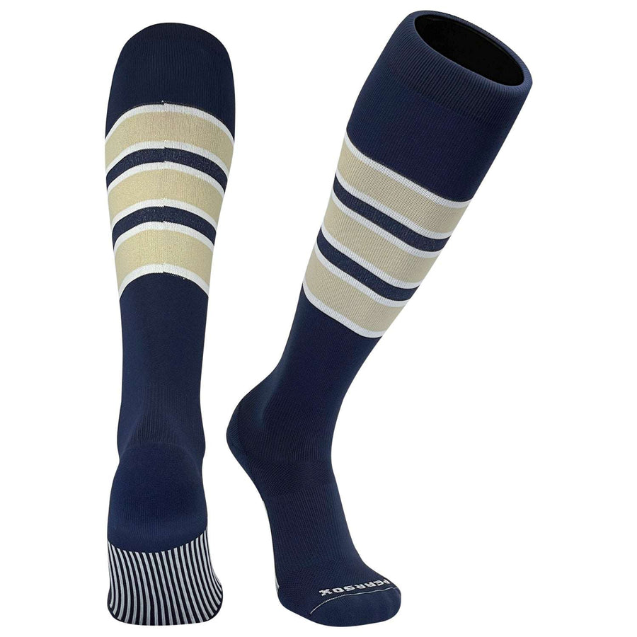 PEAR SOX Striped OTC Baseball, Softball, Football Socks - Navy, White, Vegas Gold (C)