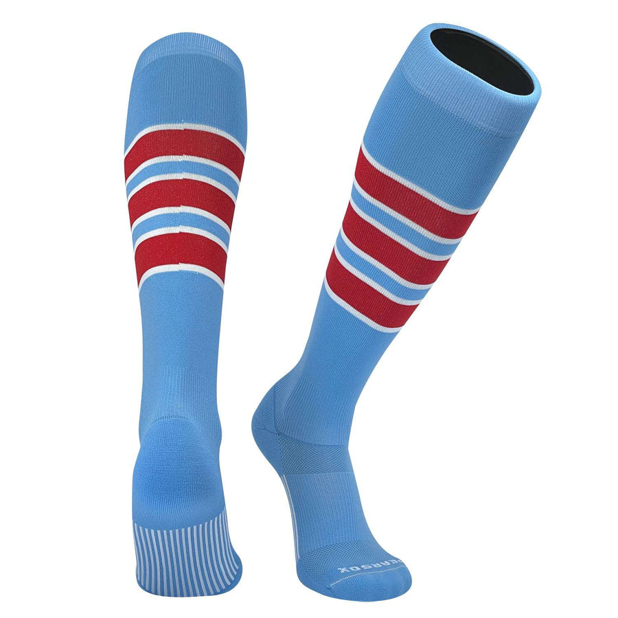 PEAR SOX Striped OTC Baseball, Softball, Football Socks - Sky Blue, White, Scarlet Red (C)