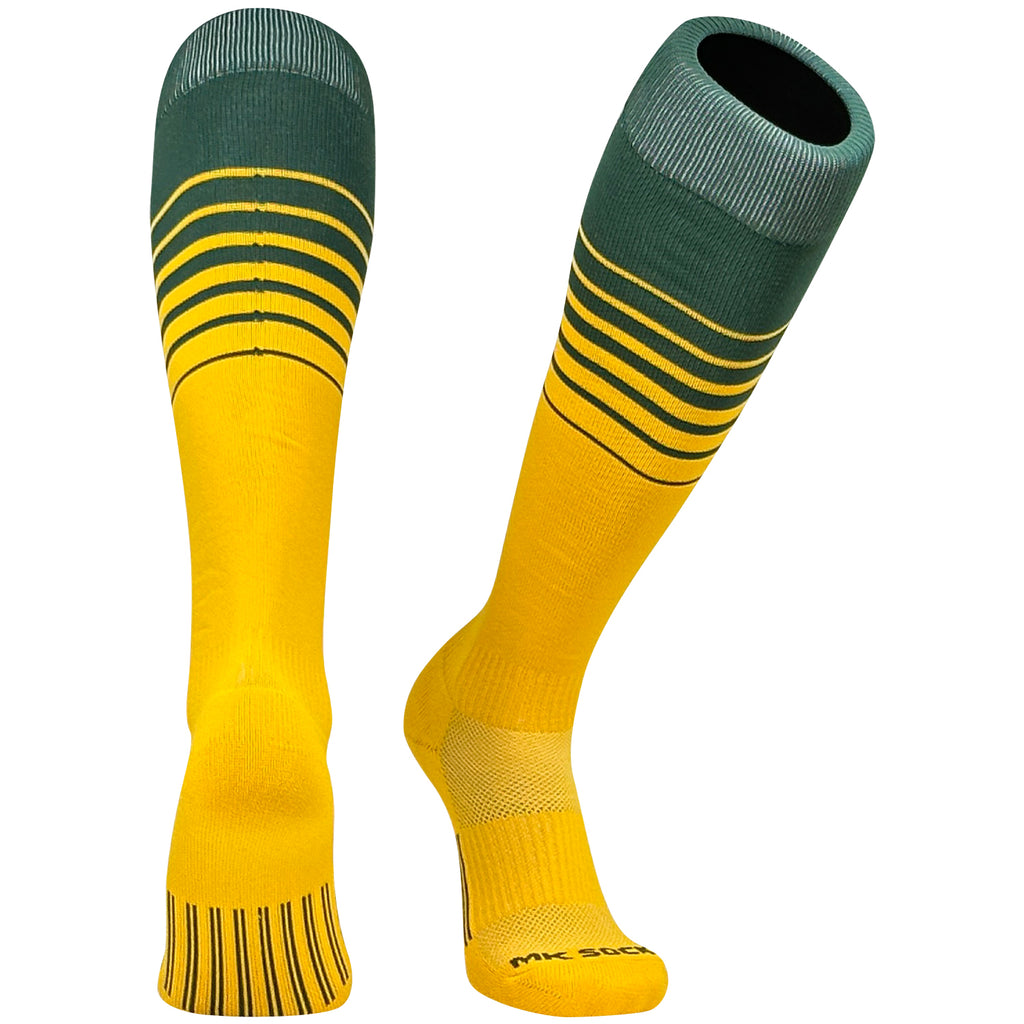 A pair of knee-high sports socks with a fade stripe pattern, primarily dark green and gold