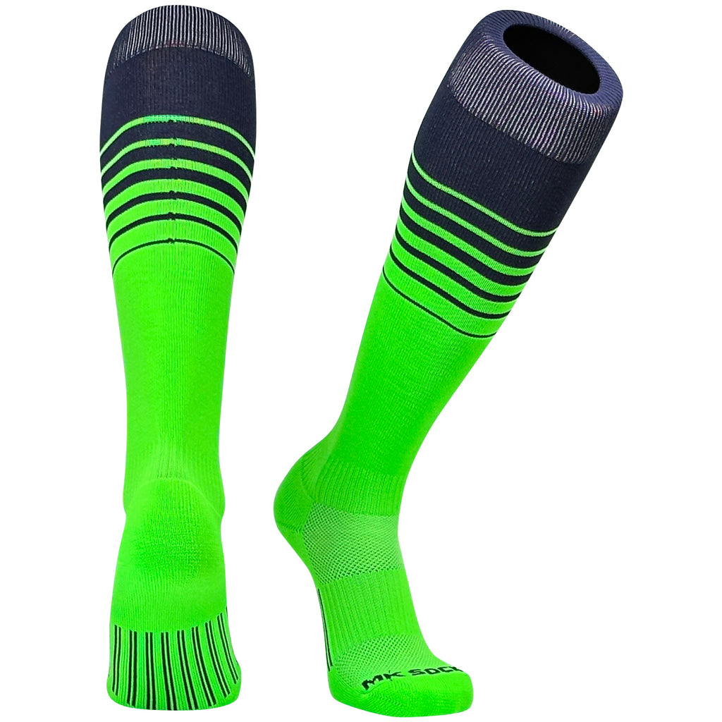 A pair of knee-high sports socks with a fade stripe pattern, transitioning from navy blue to neon green.
