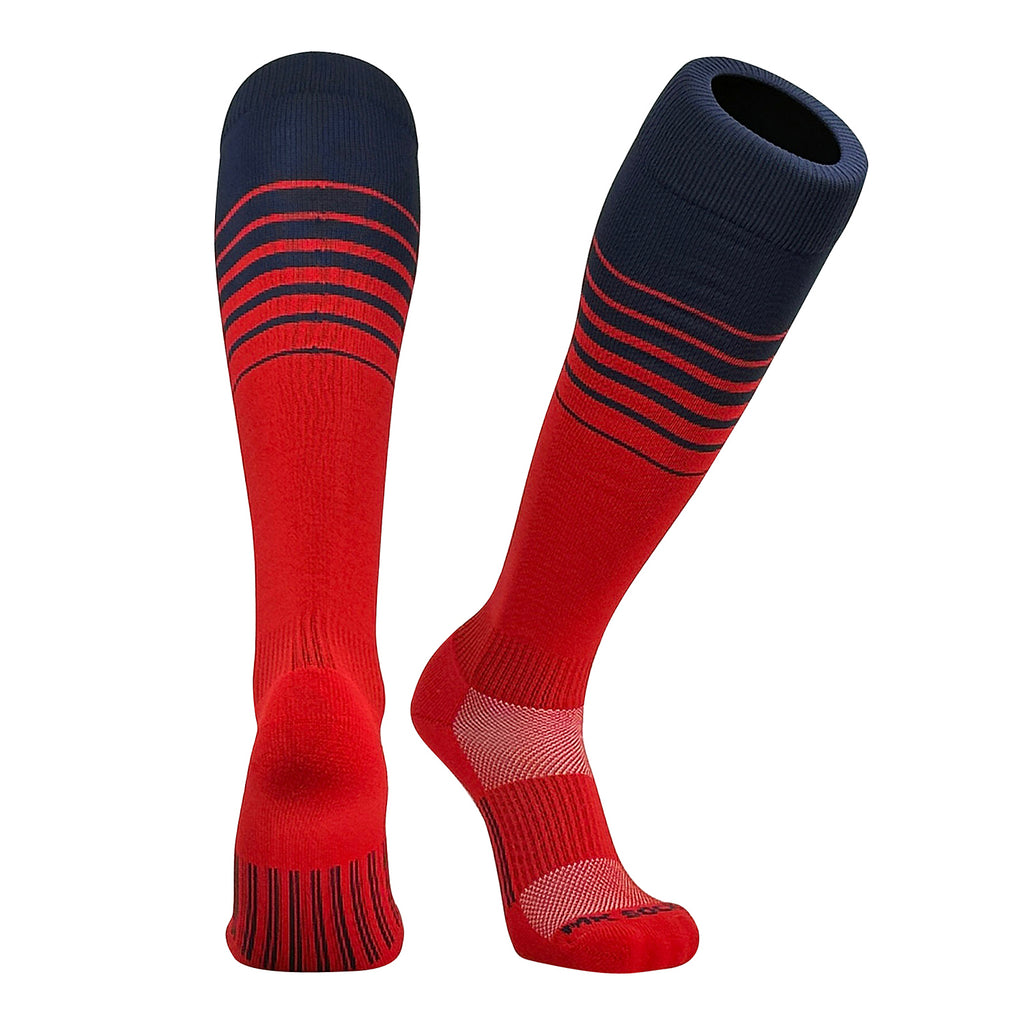 A pair of knee-high sports socks with a fade stripe pattern, transitioning from navy blue to red.