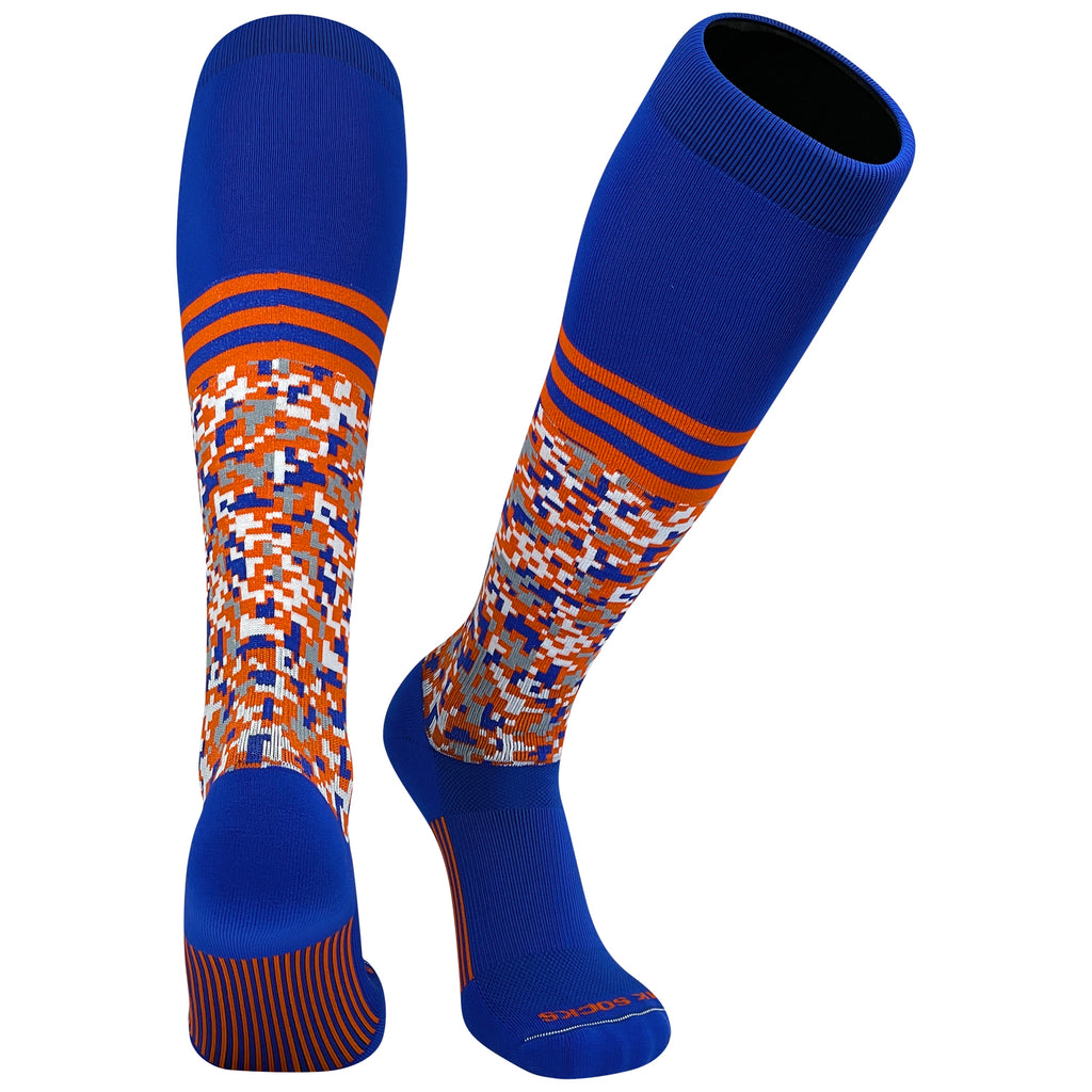 A pair of blue and orange knee-high sports socks with digital camo stripe patterns.