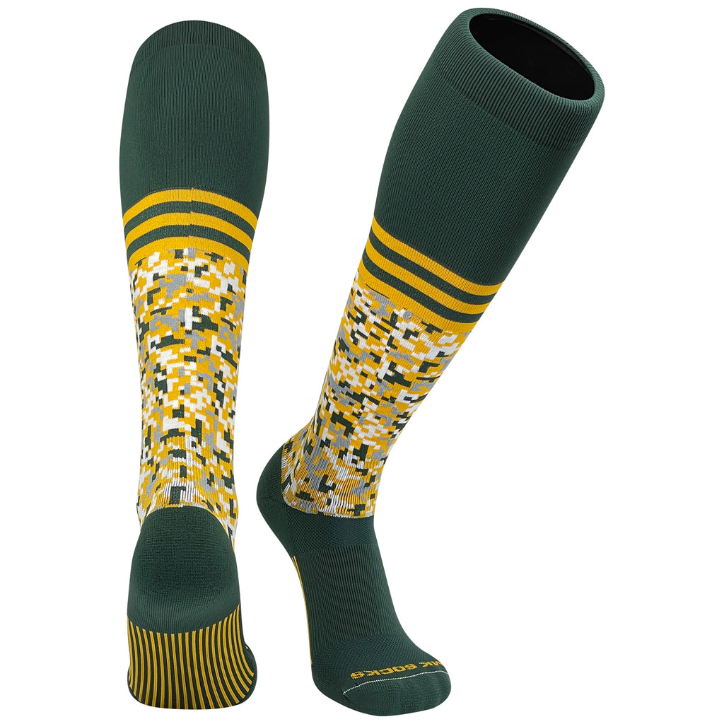 A pair of knee-high long sports socks with a digital camo stripe pattern in green and gold colors.