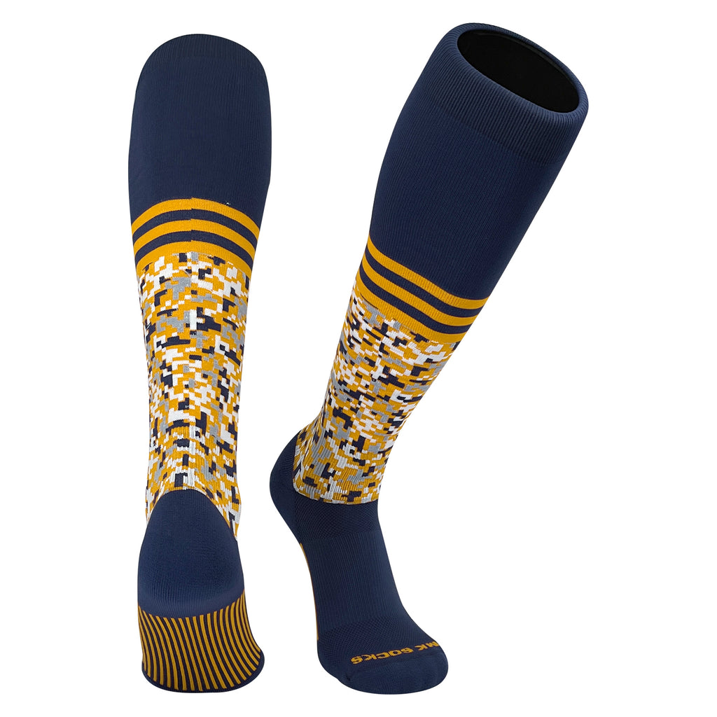 A pair of knee-high sports socks with a digital camo pattern and navy blue combined with gold stripes.