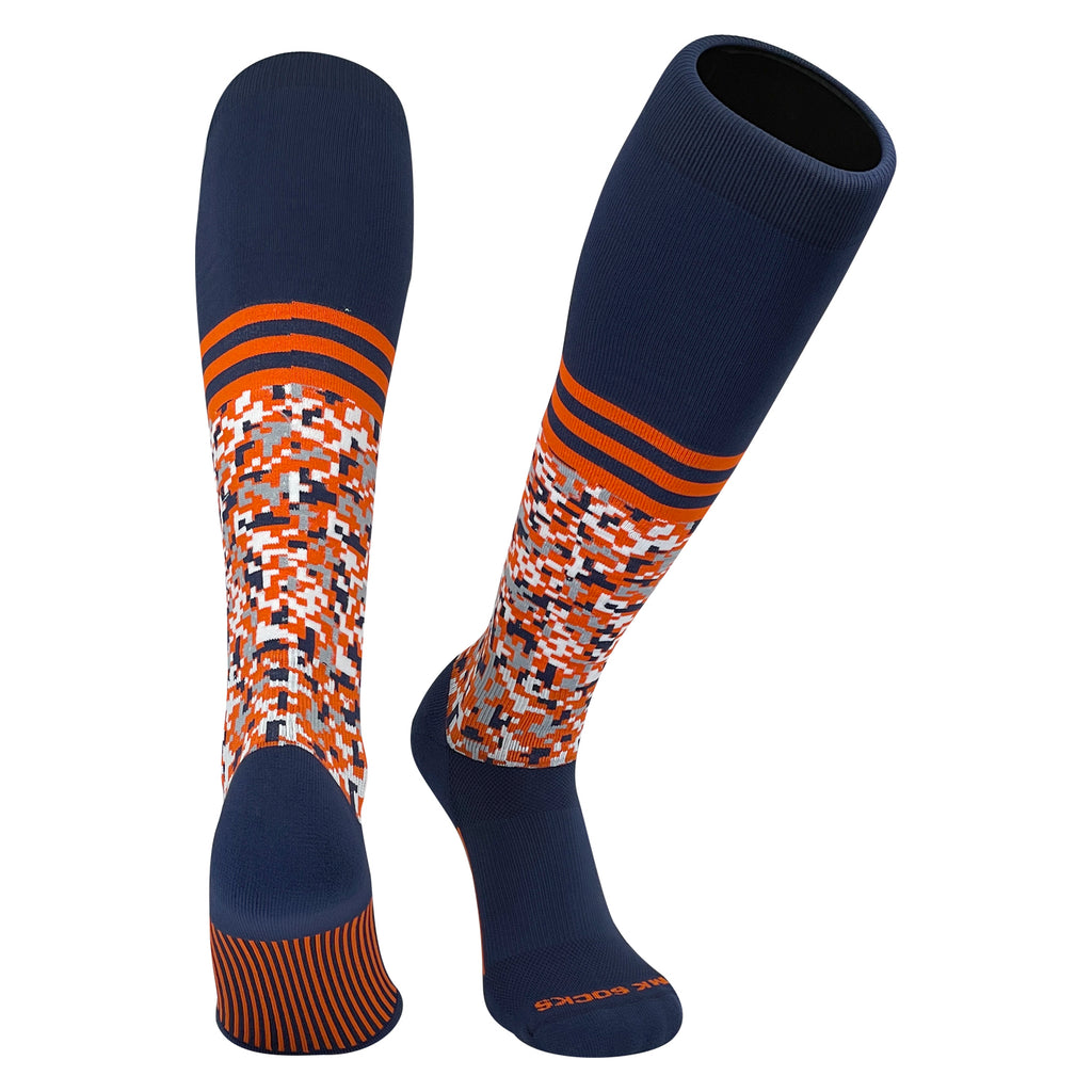 A pair of knee-high digital camo striped sports socks in navy and orange colors.
