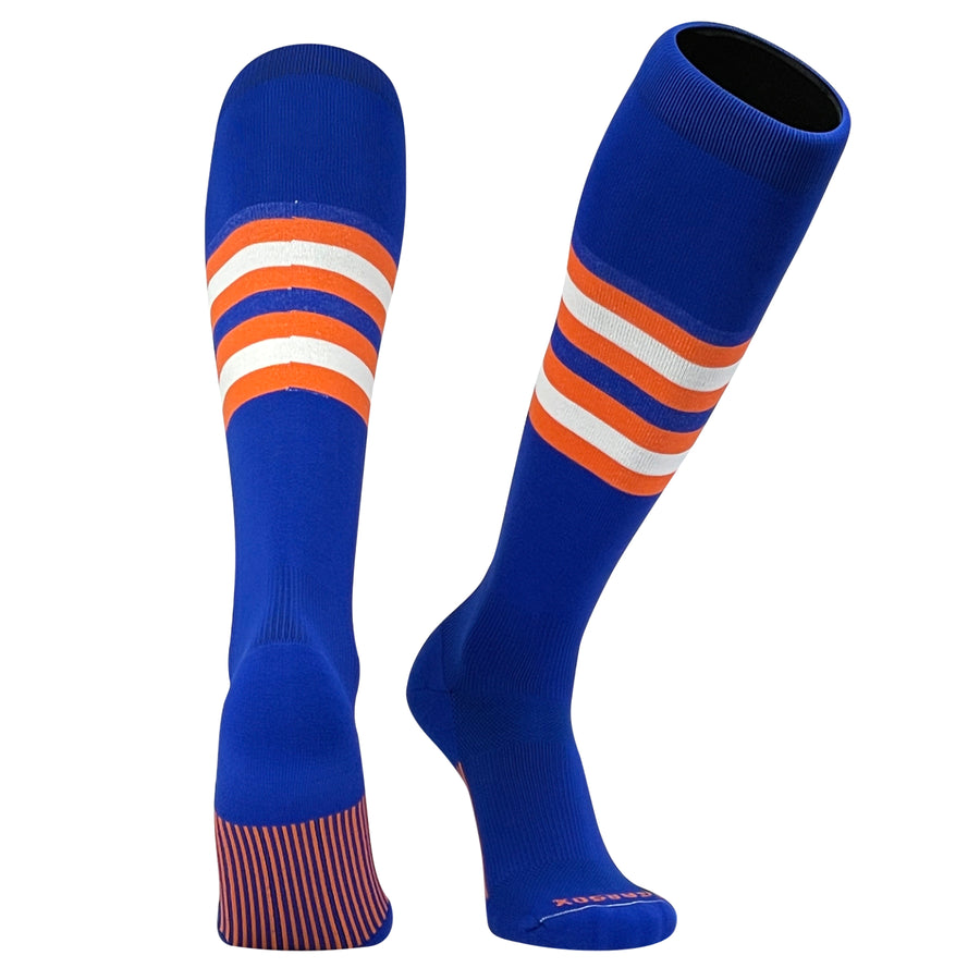 Pear Sox Striped Knee High Baseball, Football Socks (F) Royal Blue, Orange, White