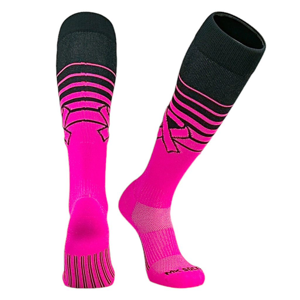 A pair of pink knee high socks with black stripes and a breast cancer awareness ribbon design.