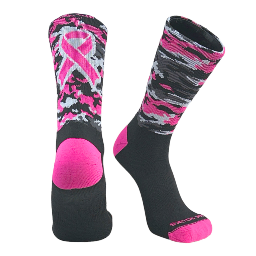 A pair of black and pink camouflage crew socks with a breast cancer awareness ribbon design.